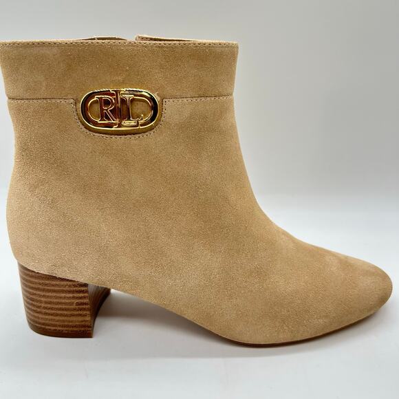 Ralph Lauren Boots Womens 9.5B Tan Wynne Leather‎ Suede Ankle Zip Bootie - Picture 2 of 14